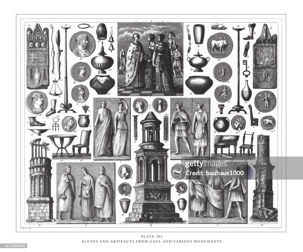 Scenes and Artifacts from Gaul and Various Monuments Engraving Antique Illustration, Published 1851