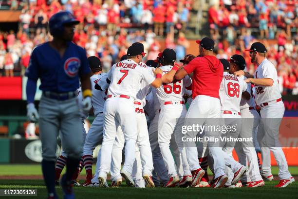 Members of the St. Louis Cardinals celebrate winning the National League Central Division after beating the Chicago Cubs at Busch Stadium on...