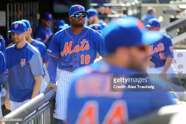 Rajai Davis of the New York Mets in the dugout before the game against the Atlanta Braves at Citi Field on Sunday, September 29, 2019 in Flushing,...