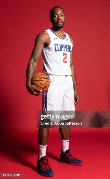 Kawhi Leonard of the LA Clippers poses for a portrait during media day on September 29, 2019 at the Honey Training Center: Home of the LA Clippers in...