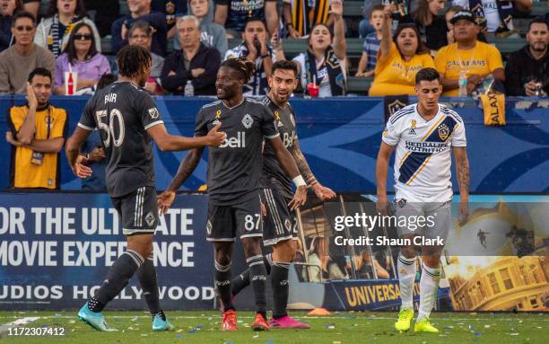 Tosaint Ricketts of Vancouver Whitecaps celbrates his goal during the Los Angeles Galaxy's MLS match against Vancouver Whitecaps FC at the StubHub...