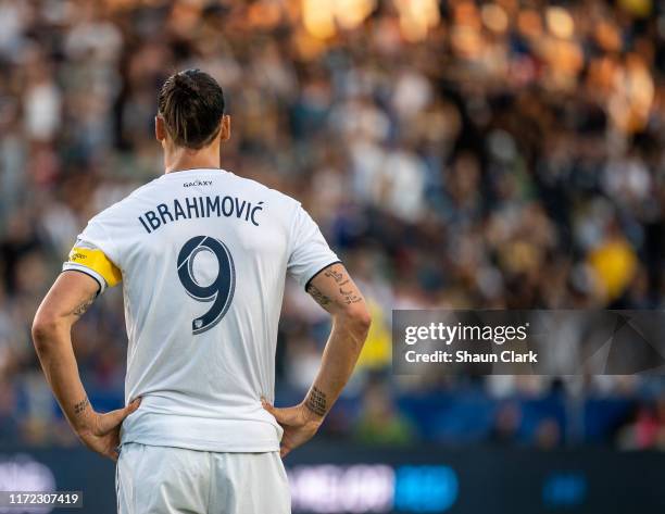 Zlatan Ibrahimovic of Los Angeles Galaxy during the Los Angeles Galaxy's MLS match against Vancouver Whitecaps FC at the StubHub Center on September...