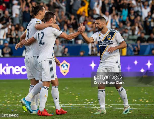 Chris Pontius of Los Angeles Galaxy celebrates his goal during the Los Angeles Galaxy's MLS match against Vancouver Whitecaps FC at the StubHub...