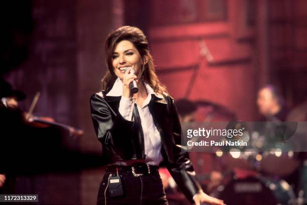 Canadian Country and Pop musician Shania Twain performs onstage during a soundcheck for her appearance on the David Letterman Show, New York, New...