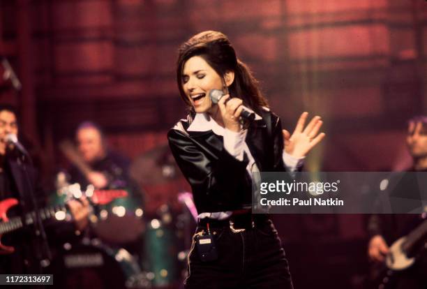 Canadian Country and Pop musician Shania Twain performs onstage during a soundcheck for her appearance on the David Letterman Show, New York, New...
