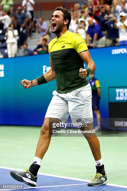 Matteo Berrettini of Italy celebrates after winning his Men's Singles quarterfinal match against Gael Monfils of France on day ten of the 2019 US...