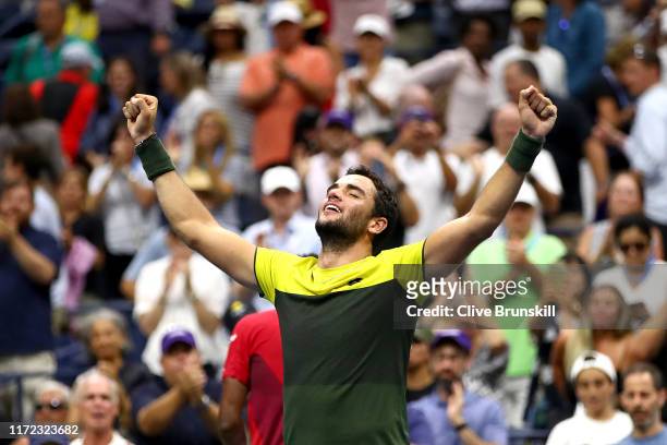 Matteo Berrettini of Italy celebrates after winning his Men's Singles quarterfinal match against Gael Monfils of France on day ten of the 2019 US...