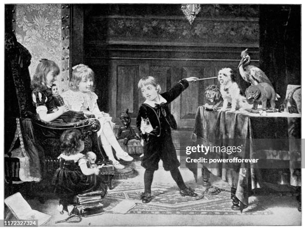 the menagerie (training) by fritz sonderland - 19th century - dog playing with toy indoor stock illustrations