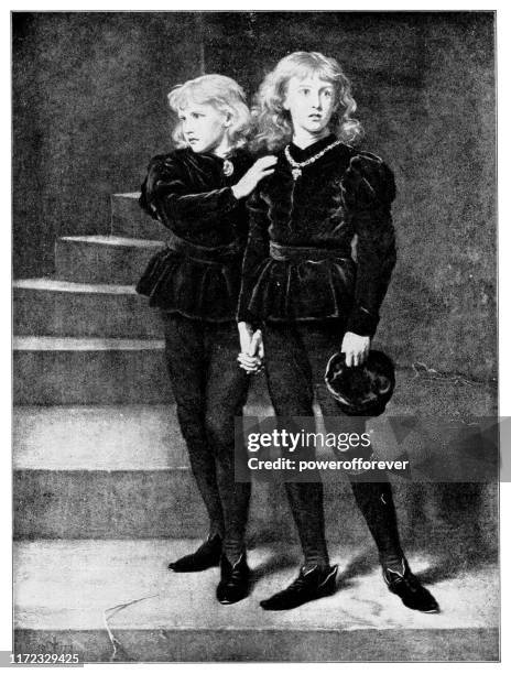 zwei prinzen edward und richard im turm von john everett millais - 19. jahrhundert - prinz königliche persönlichkeit stock-grafiken, -clipart, -cartoons und -symbole