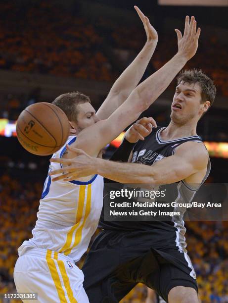 Golden State Warriors' David Lee guards San Antonio Spurs' Tiago Splittter in the fourth quarter of Game 4 of the Western Conference semifinals at...