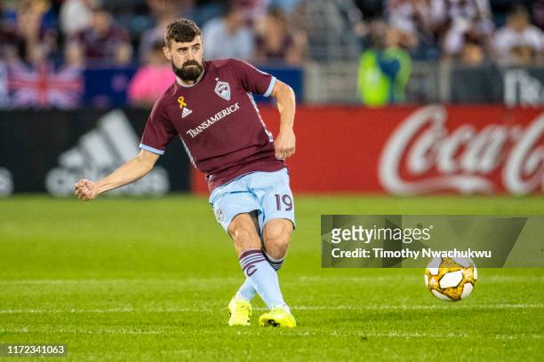 Jack Price of the Colorado Rapids attempts a pass against FC Dallas during the second half at Dick's Sporting Goods Park on September 29, 2019 in...