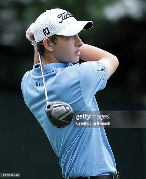 Patrick Cantlay watches his tee shot during the second round of the Travelers Championship at TPC River Highlands on June 24, 2011 in Cromwell,...