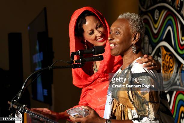 Pat Cleveland and Bethann Hardison speak onstage during the ESSENCE Best In Black Fashion Awards at Affirmation Arts on September 04, 2019 in New...