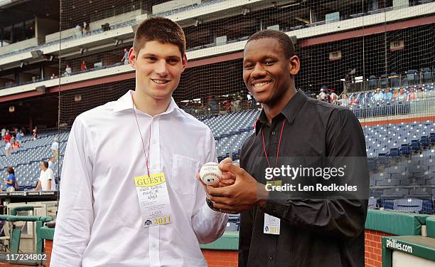 Philadelphia 76ers number one draft pick Nikola Vucevic and second round draft pick Lavoy Allen take in batting practice prior to a Philadelphia...