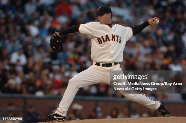 San Francisco Giants pitcher Noah Lowry, #51, pitches against the New York Mets in the 1st inning of their game on Friday, August 20, 2004 at SBC...