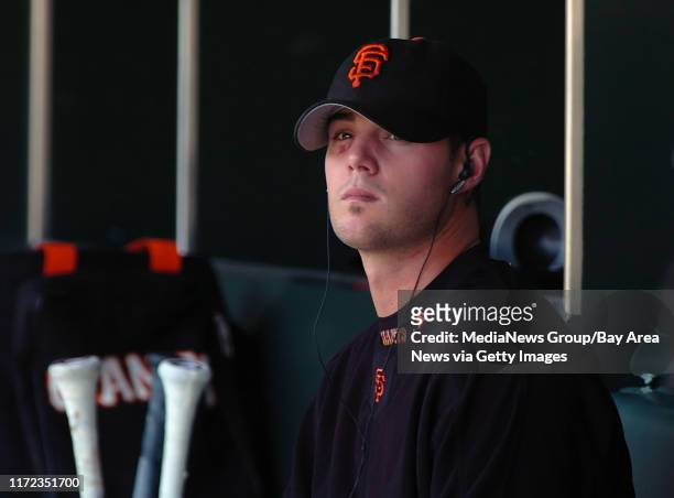 San Francisco Giants pitcher Noah Lowry, #51, listens to music before taking batting practice before the start of their game against the Colorado...