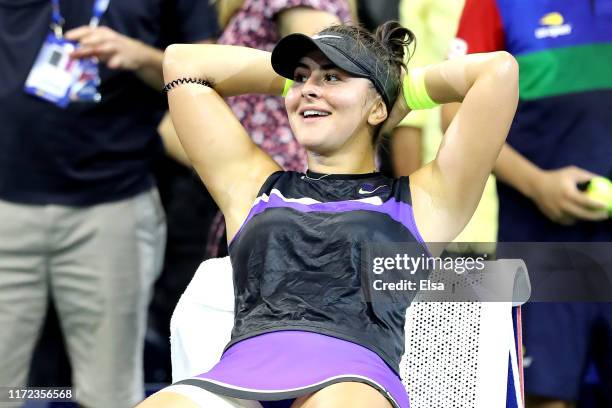 Bianca Andreescu of Canada celebrates after winning her Women's Singles quarterfinal match against Elise Mertens of Belgium on day ten of the 2019 US...