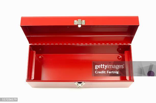 leere rot toolbox - werkzeugkasten stock-fotos und bilder