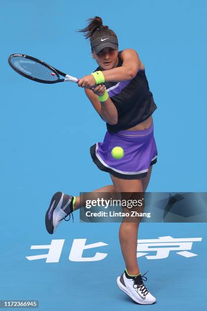 Bianca Andreescu of Canada in action against Aliaksandra Sasnovich of Belarus during the Women's singles first round of 2019 China Open at the China...