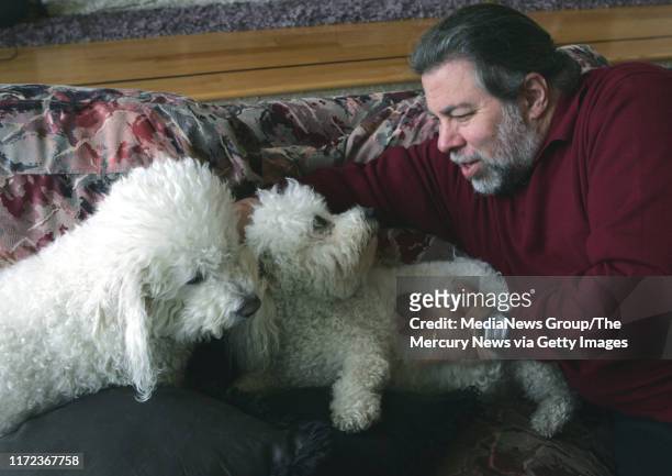 Steve Wozniak plays with his two dogs, Z and Bennie. They are the Bichon Frise breed. Wozniak, co-founder of Apple Computer, lives in Los Gatos and...