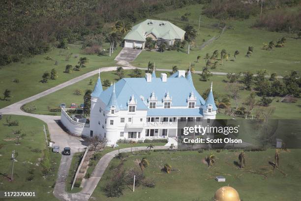 An aerial view of a building that appears mostly undamaged following Hurricane Dorian on September 4, 2019 in Freeport, Bahamas. A massive rescue...