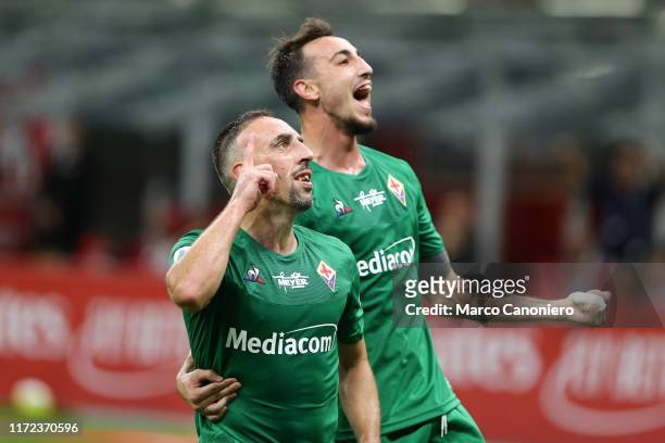 Franck Ribery of Ac Fiorentina celebrate after scoring a goal during the Serie A match between Ac Milan and Acf Fiorentina. Acf Fiorentina wins 3-1...