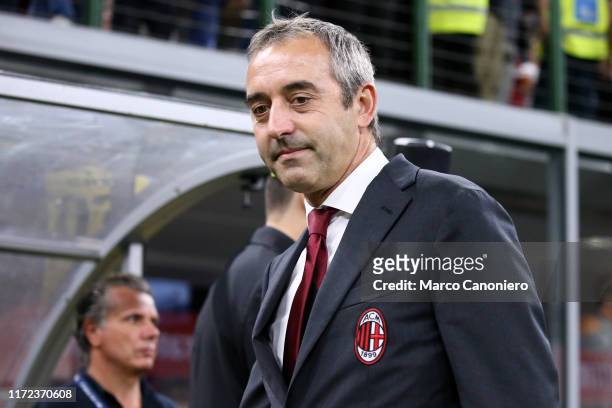 Marco Giampaolo, head coach of Ac Milan, looks on before the Serie A match between Ac Milan and Acf Fiorentina. Acf Fiorentina wins 3-1 over Ac Milan.