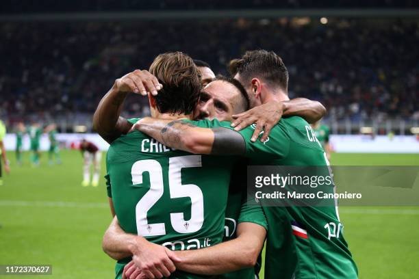Franck Ribery of Ac Fiorentina celebrates with his teammates after scoring a goal during the Serie A match between Ac Milan and Acf Fiorentina. Acf...