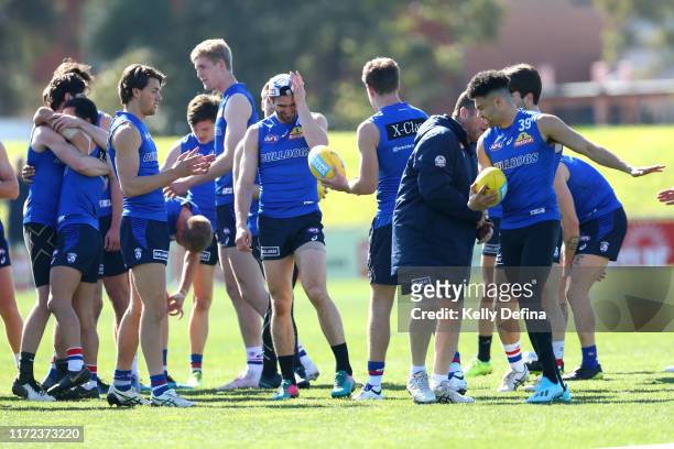 Easton Wood of the Bulldogs reacts during a Western Bulldogs AFL training session at Whitten Oval on September 05, 2019 in Melbourne, Australia.