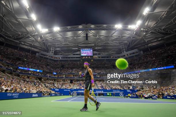 Open Tennis Tournament- Day Ten. A panoramic general view of Rafael Nadal of Spain as a shot from Diego Schwartzman of Argentina is long during the...