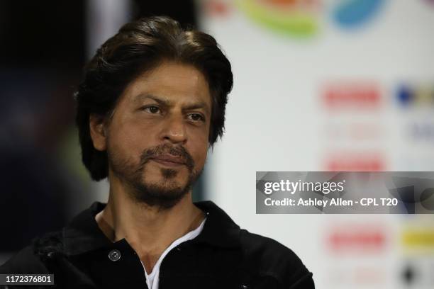 In this handout image provided by CPL T20, Shah Rukh Khan owner of Trinbago Knight Riders during the Hero Caribbean Premier League match between...