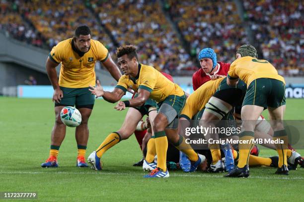Will Genia of Australia in action during the Rugby World Cup 2019 Group D game between Australia and Wales at Tokyo Stadium on September 29, 2019 in...