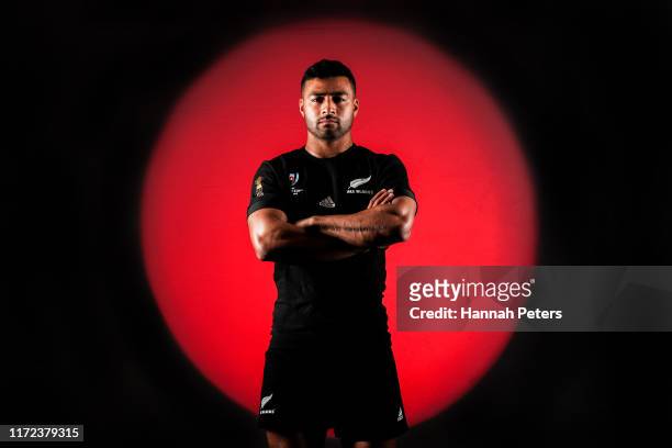 Richie Mo'unga poses during the New Zealand All Blacks Rugby World Cup Portrait Session on August 29, 2019 in Auckland, New Zealand.