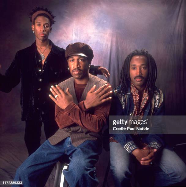 Portrait of the members of American R&B group Tony Toni Tone as they pose together, Chicago, Illinois, October 2, 1993. Pictured are, from left,...
