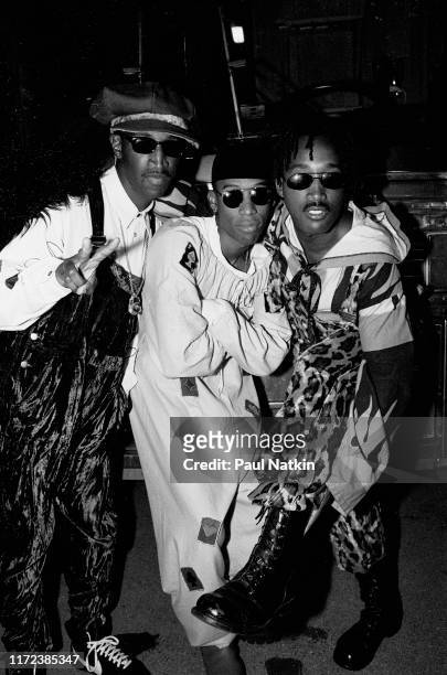 Portrait of the members of American R&B group Tony Toni Tone as they pose backstage at the Marcus Amphitheater, Milwaukee, Wisconsin, July 3, 1991....