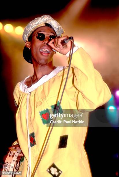 American R&B musician Raphael Saadiq , of the group Tony Toni Tone , as he performs onstage at the Marcus Amphitheater, Milwaukee, Wisconsin, July 3,...