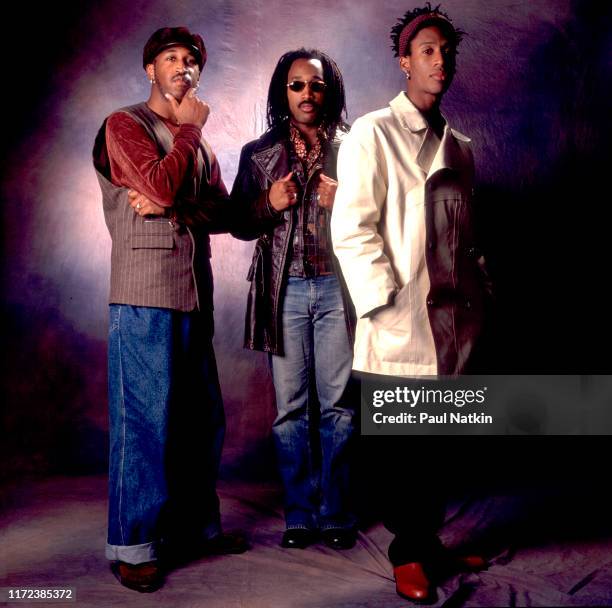 Portrait of the members of American R&B group Tony Toni Tone as they pose together, Chicago, Illinois, October 2, 1993. Pictured are, from left,...