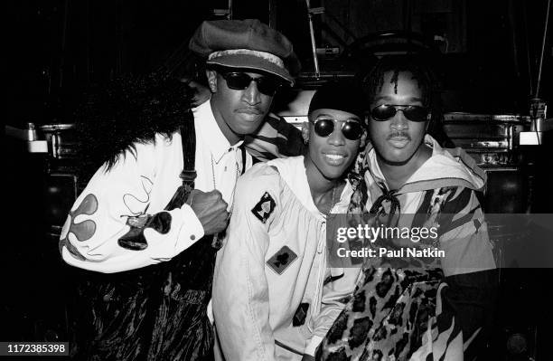 Portrait of the members of American R&B group Tony Toni Tone as they pose backstage at the Marcus Amphitheater, Milwaukee, Wisconsin, July 3, 1991....