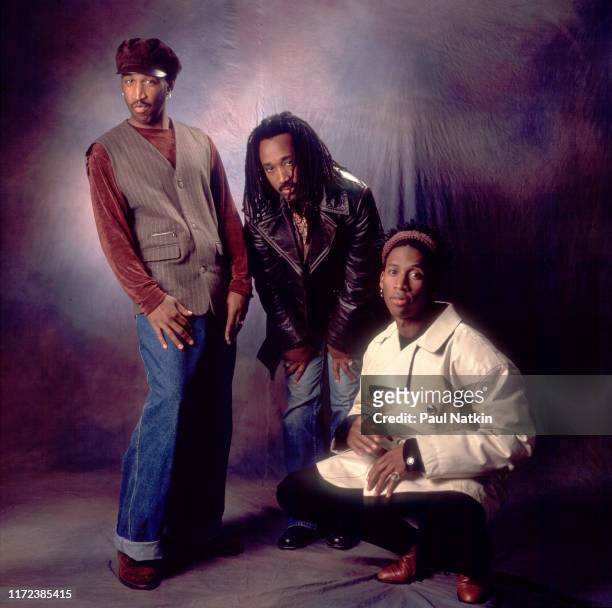 Portrait of the members of American R&B group Tony Toni Tone as they pose together, Chicago, Illinois, October 2, 1993. Pictured are, from left,...