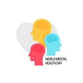 World mental health day concept poster. Group of colorful human heads with brain vector illustration on love heart background.