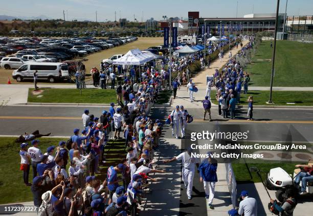 Fans line the pathway from the Chicago Cubs clubhouse as the 2016 World Series champs approach Sloan Park for their Cactus League debut against the...