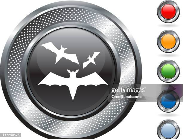 stockillustraties, clipart, cartoons en iconen met flying bats royalty free vector art on metallic button - kleine bruine vleermuis