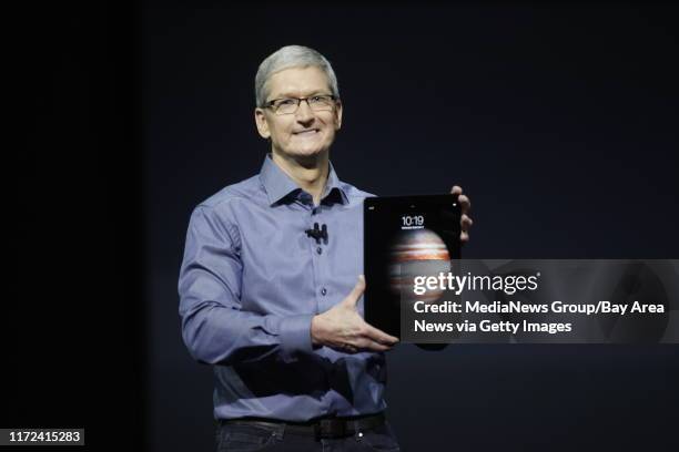 Apple's Tim Cook introduces the new IPad Pro during s media event at the Bill Graham Civic Auditorium Wednesday morning, Sept. 9 in San Francisco,...
