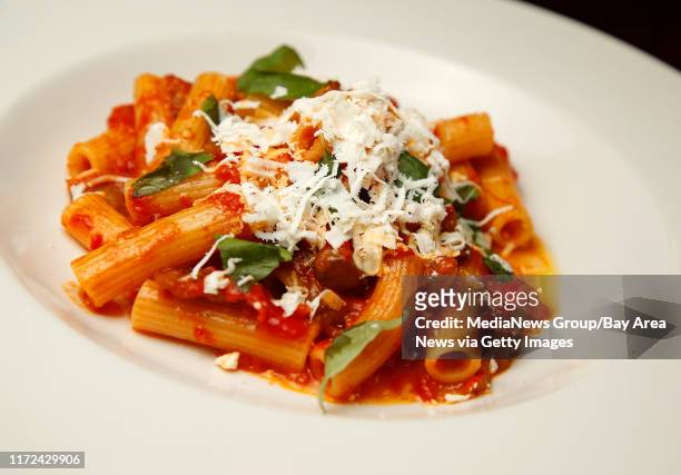 Pasta alla Norma is photographed at Pompette on Wednesday, Sept. 13 in Berkeley, Calif. The dish has rigatoncini, eggplant, tomato sauce, and ricotta...