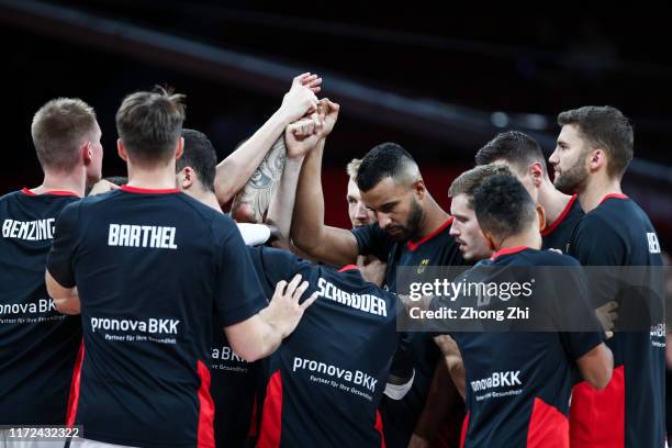 Players of the Germany National Team cheer before the match against the Jordan National Team during the 1st round of 2019 FIBA World Cup at Shenzhen...