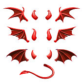 Devil tail, horns and wings. Demonic red elements for the photo decoration