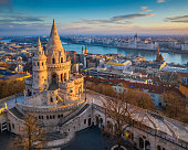 Budapest, Hungary - The main tower of the famous Fisherman's Bastion (Halaszbastya) from above