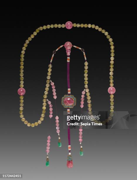 'Mandarin Chain' Bead Necklace, 1800s. China, Qing dynasty . Tourmaline, jade, pearls, seed pearls, seed coral and gilt metal; overall: 120.6 cm ..