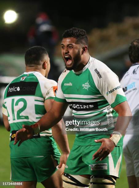 Sione Tu’ipulotu of Manawatu celebrates the win during the round 5 Mitre 10 Cup match between Manawatu and Northland at Central Energy Trust Arena on...