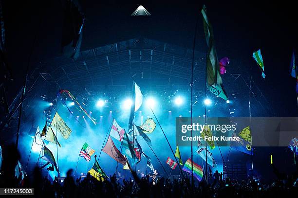 General view of atmosphere at the pyramid stage during the set of U2 , on the second day of Glastonbury Festival 2011 at Worthy Farm on June 24, 2011...